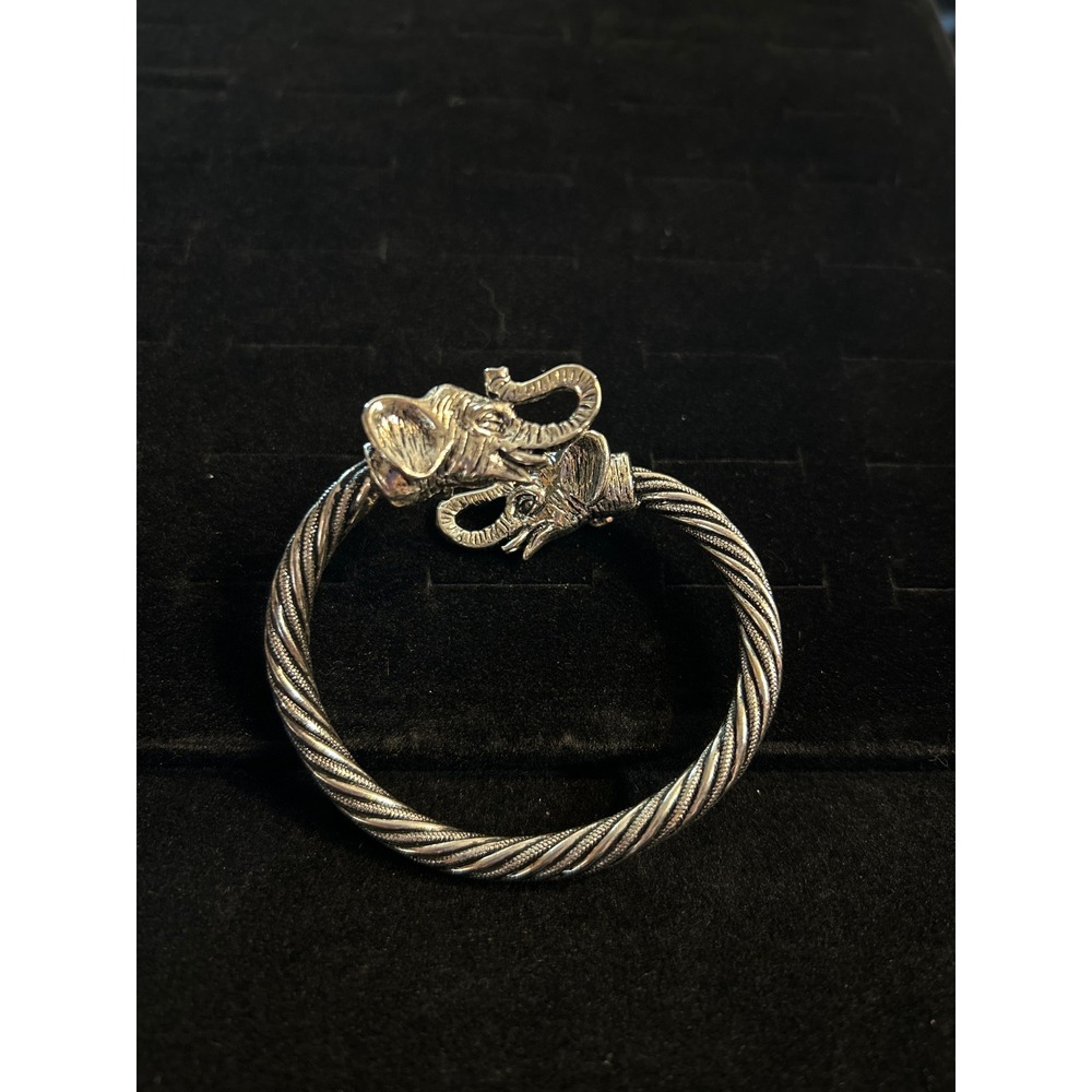 Elephant Head Cable Cuff Bracelet Silver Tone Twisted Rope Open Bangle Boho